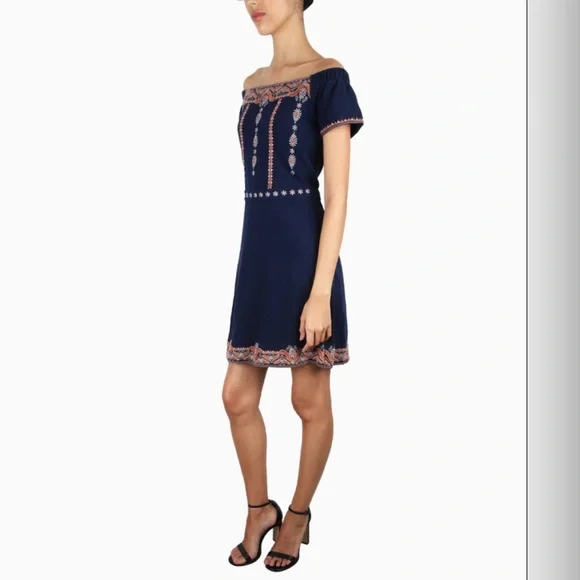 TORY BURCH “Nell” off-the-shoulder Embroidered Mini Dress Size: large - Picture 6 of 8